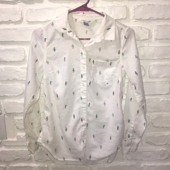 Tops - Tiny Cactus Print embroidered on Classic Button Down White Shirt | XS